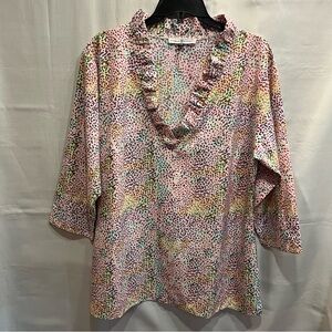 Michelle McDowell 3/4 Sleeve Ruffle V-Neck Blouse Colorful Size XXL